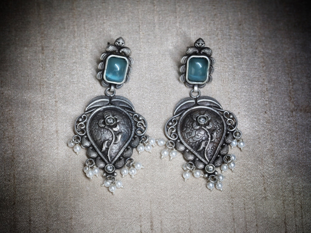 A Regal Essential – Blue Stone & Pearl Oxidized Silver Drop Earrings