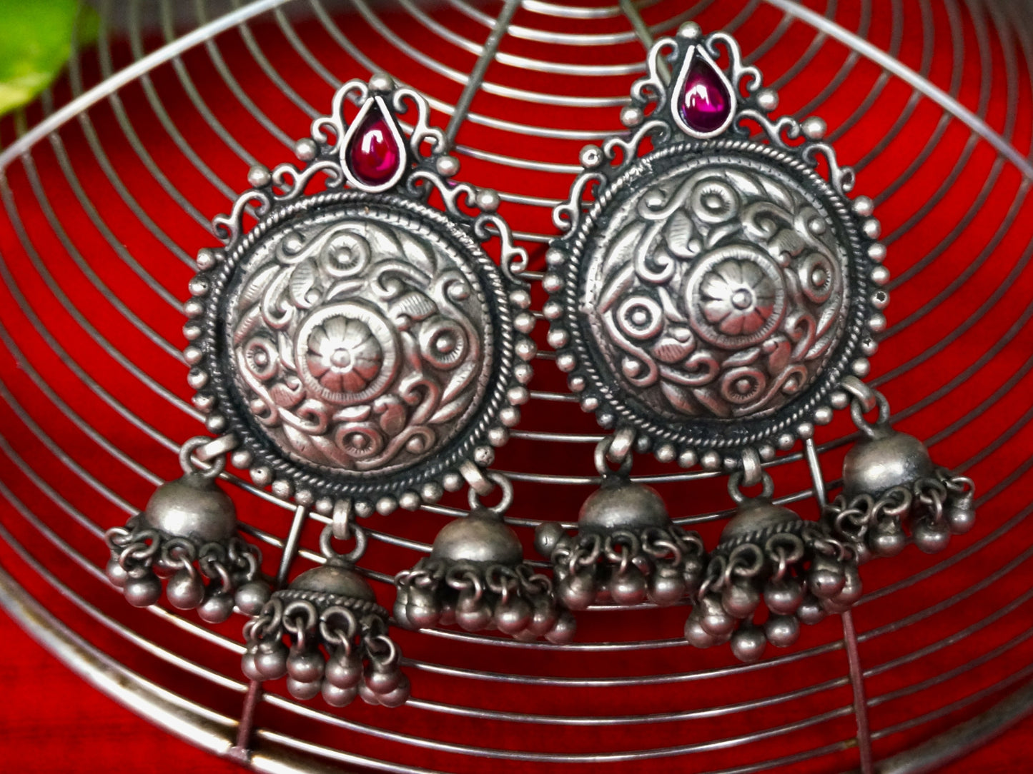 Regal Bloom With Red stone Jhumkas / Earring in 92.5 silver