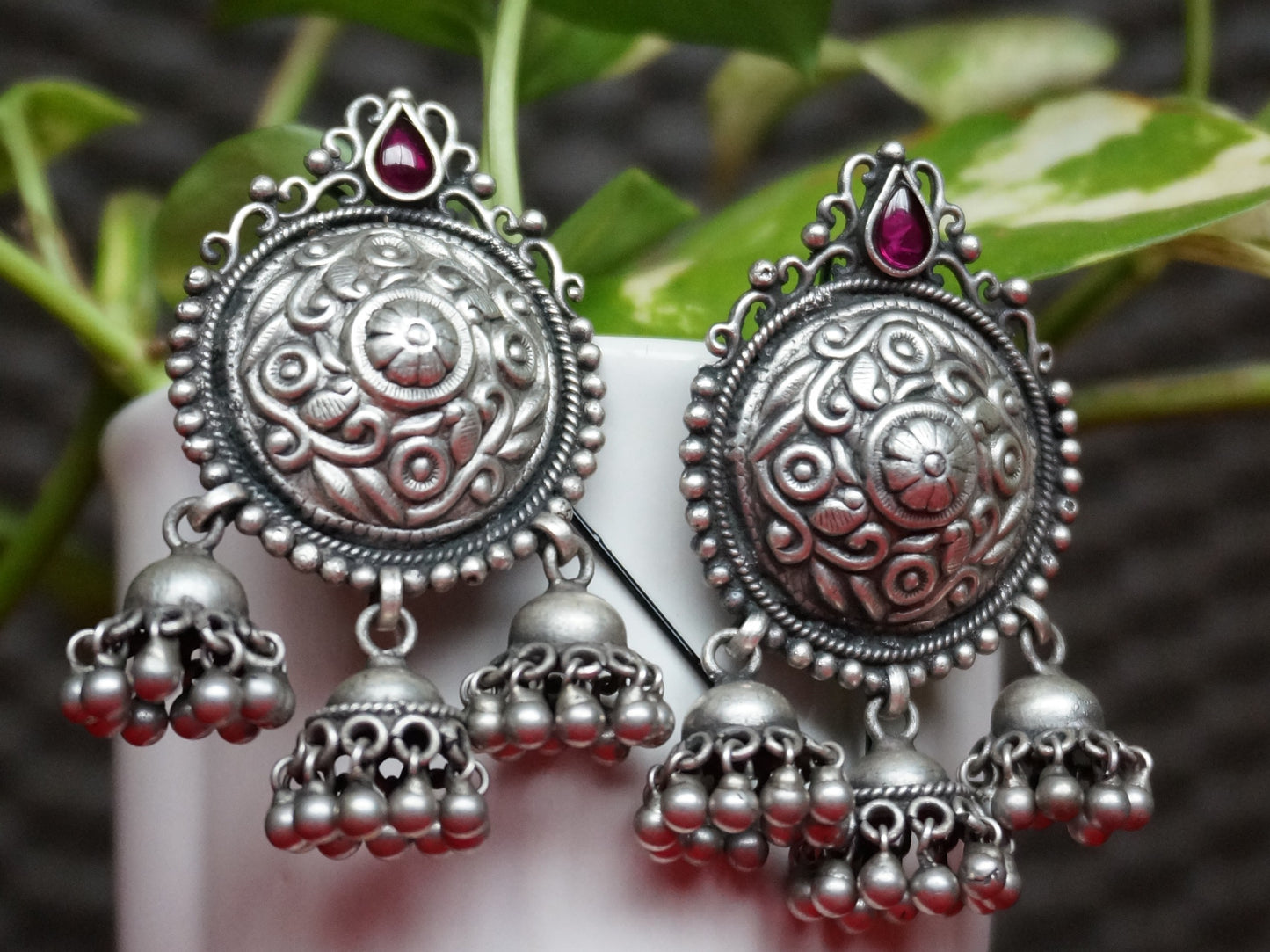 Regal Bloom With Red stone Jhumkas / Earring in 92.5 silver