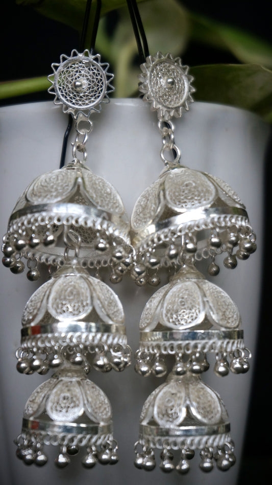 Grand Filigree Cascade Jhumkas/ Earring in 92.5 pure silver
