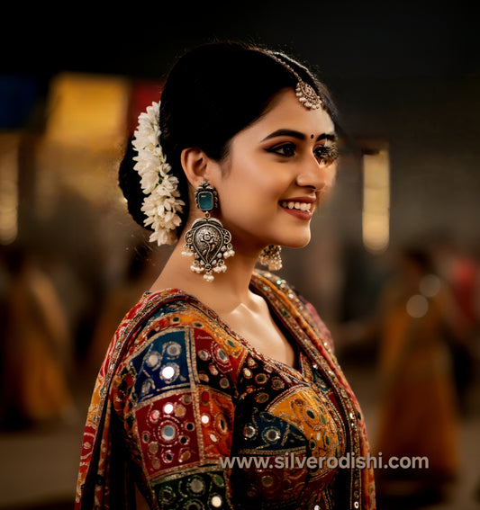 A Regal Essential – Blue Stone &amp; Pearl Oxidized Silver Drop Earrings