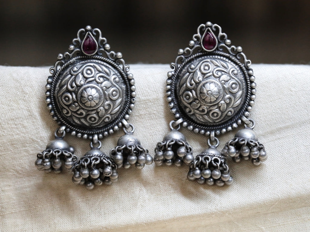 Regal Bloom With Red stone Jhumkas / Earring in 92.5 silver