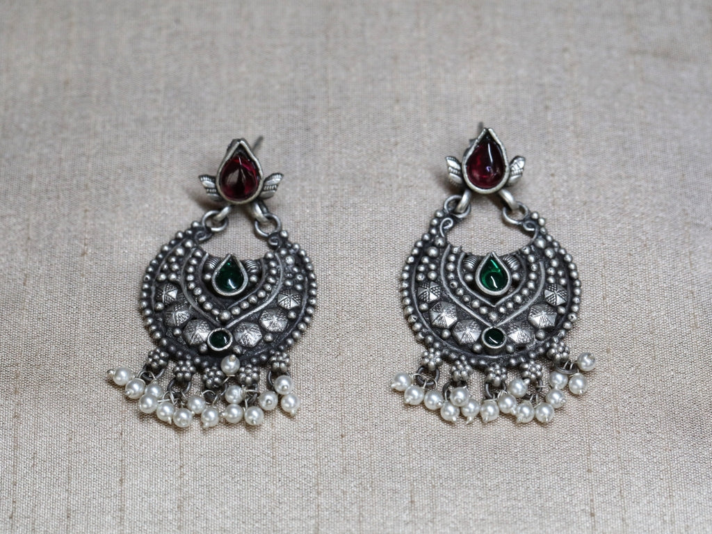 Mystic Crescent Green & Red stone Pearl Drops Earing