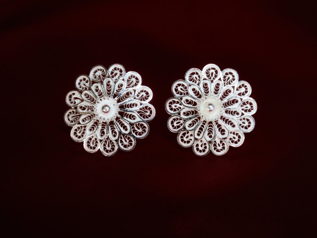 92.5 Pure Silver Tarakasi Stud Earrings – Delicate Heritage in Filigree