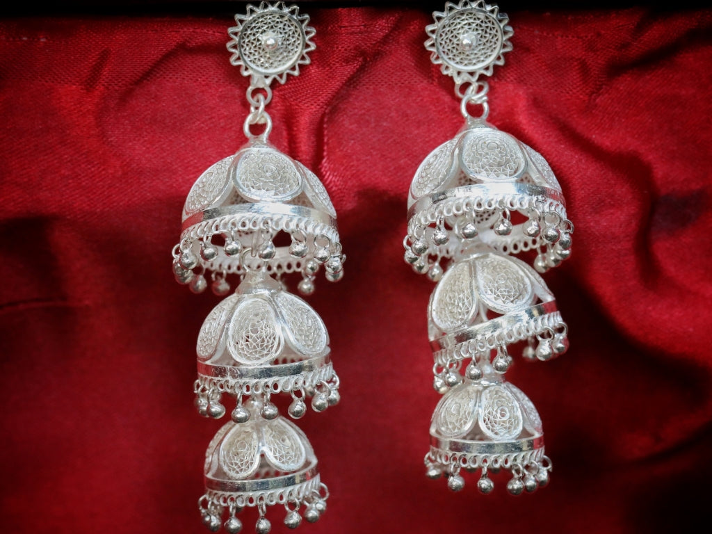 Grand Filigree Cascade Jhumkas/ Earring in 92.5 pure silver