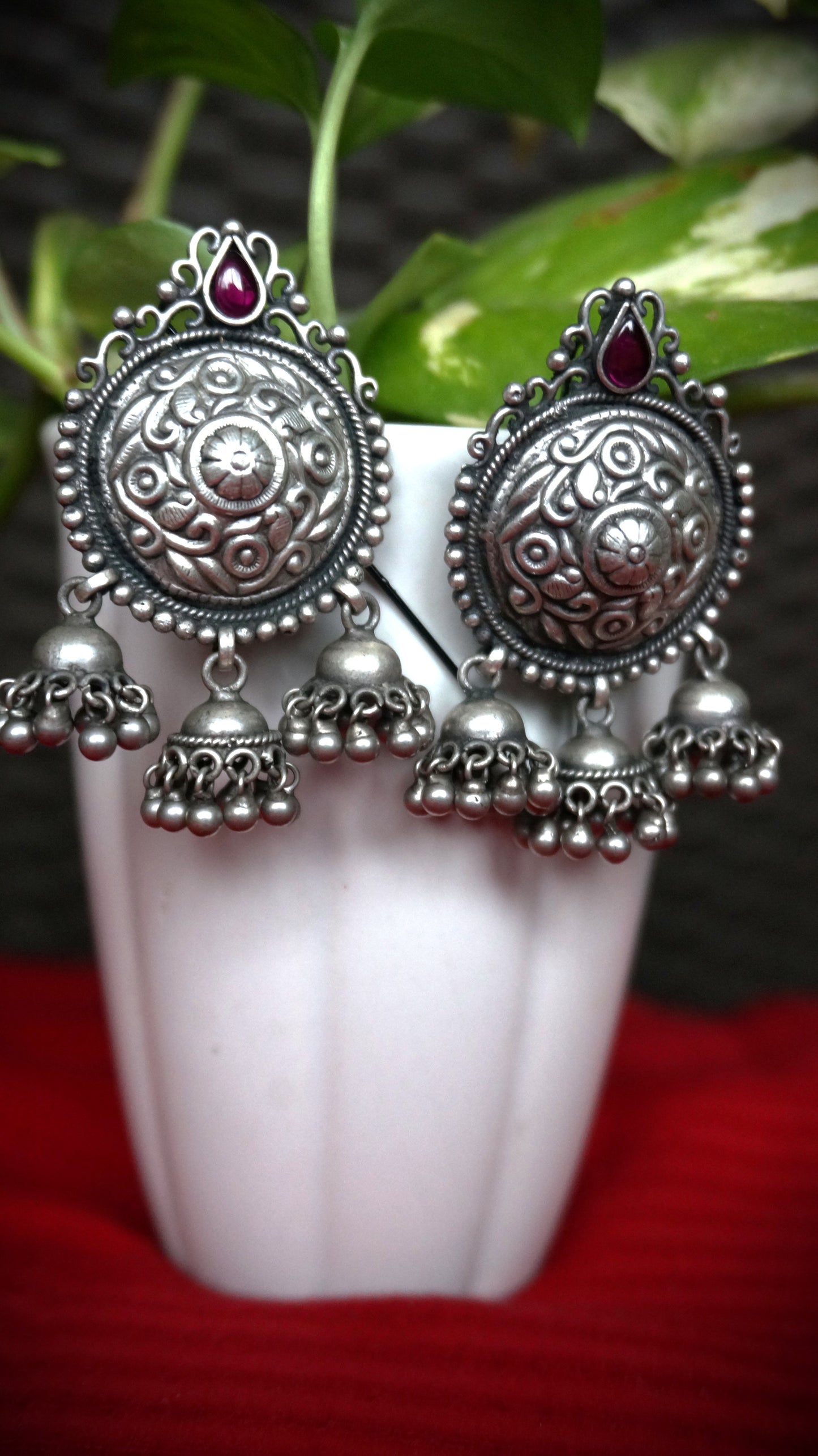 Regal Bloom With Red stone Jhumkas / Earring in 92.5 silver