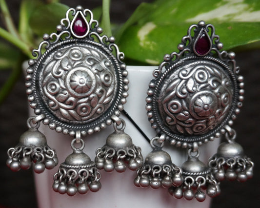 Regal Bloom With Red stone Jhumkas / Earring in 92.5 silver