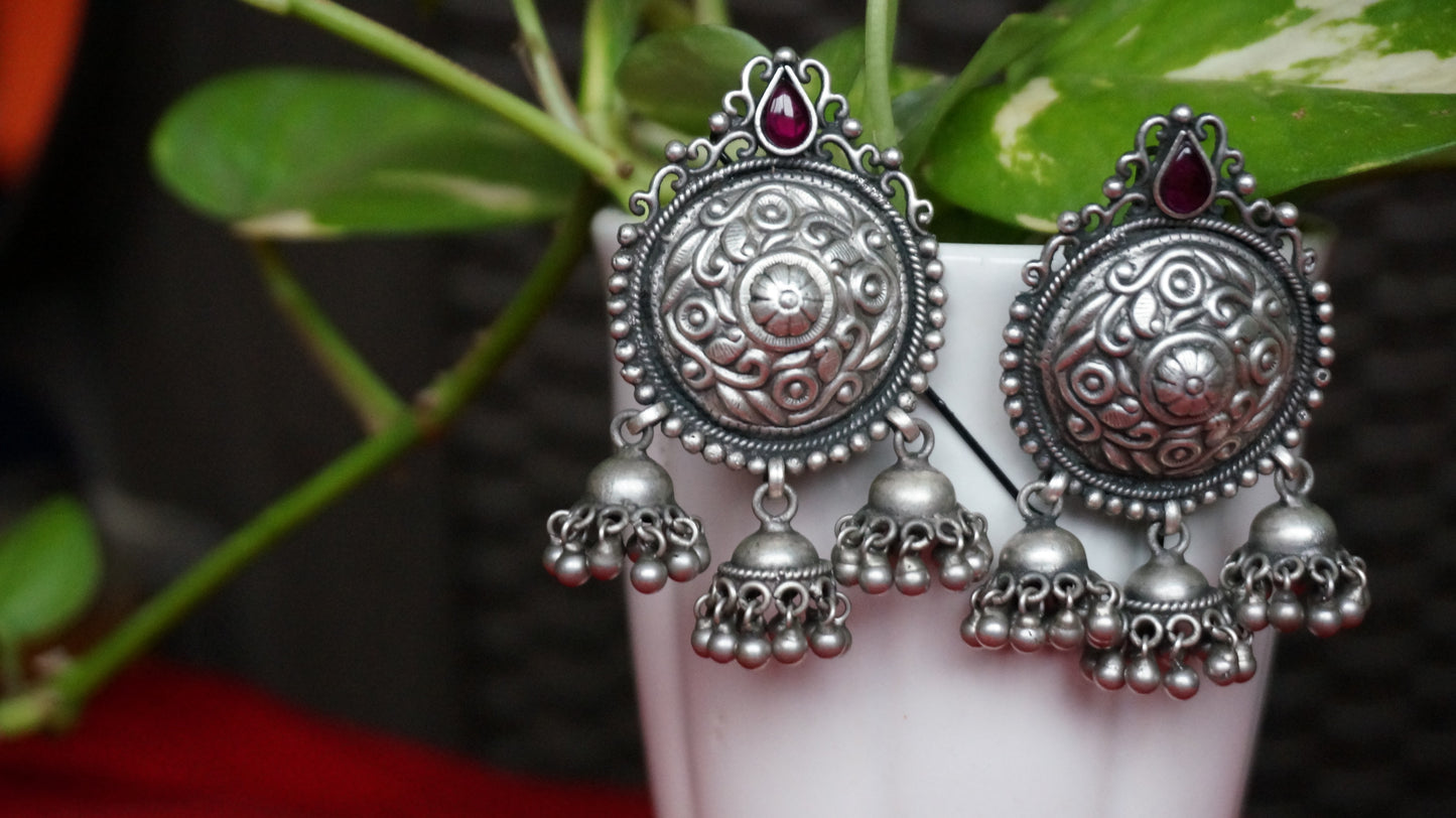 Regal Bloom With Red stone Jhumkas / Earring in 92.5 silver