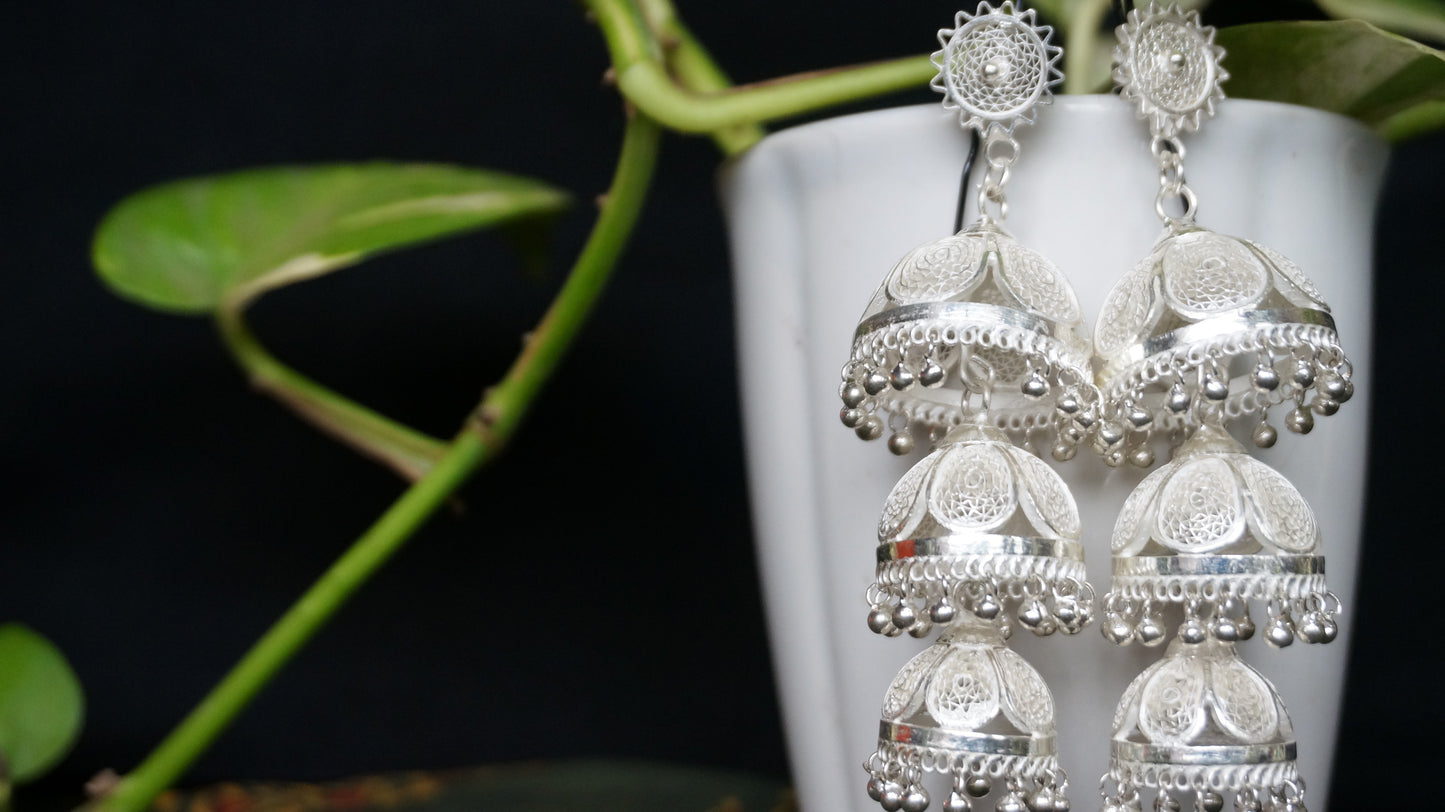 Grand Filigree Cascade Jhumkas/ Earring in 92.5 pure silver