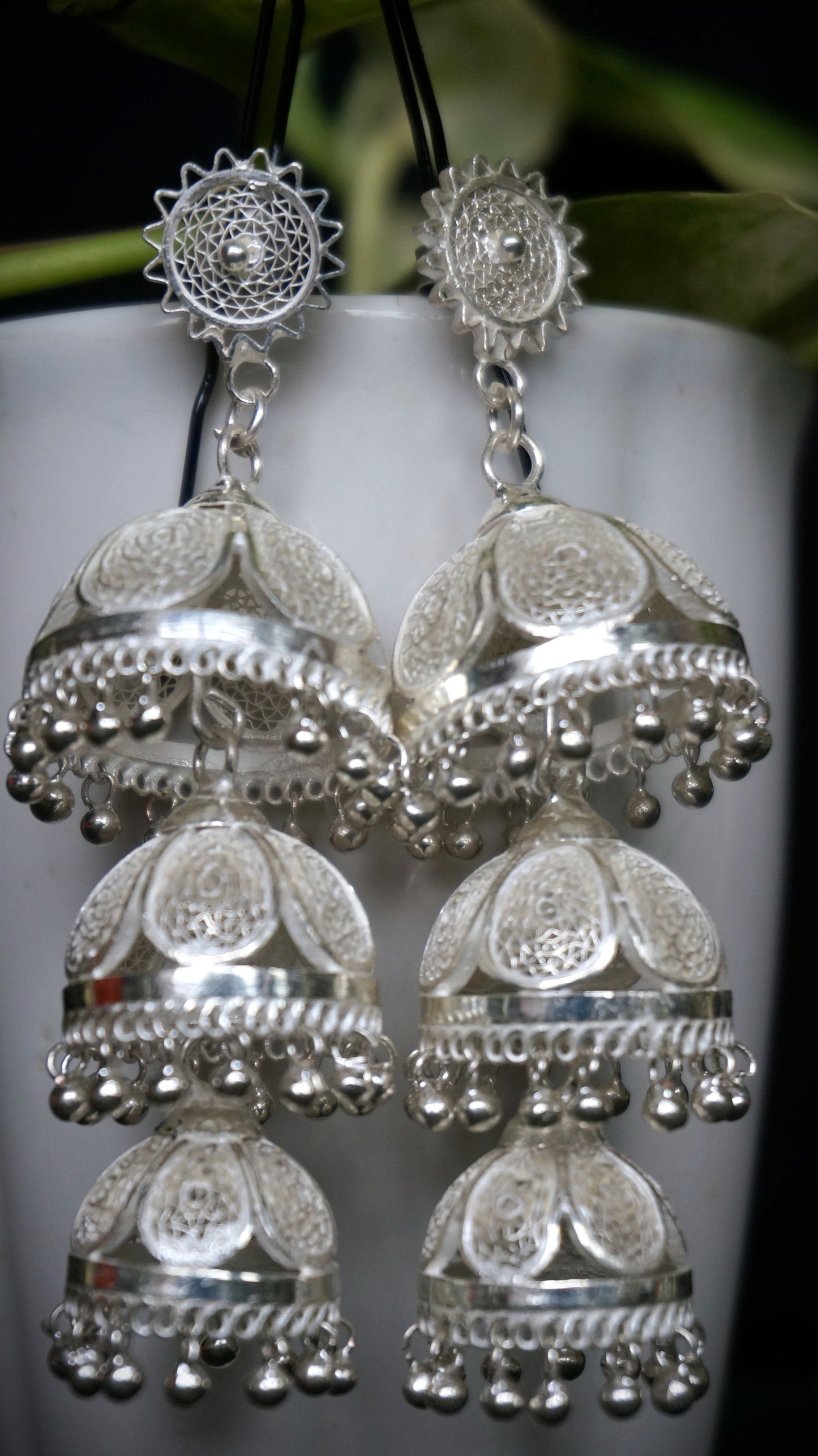 Grand Filigree Cascade Jhumkas/ Earring in 92.5 pure silver