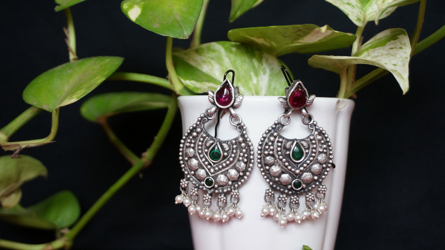 Mystic Crescent Green & Red stone Pearl Drops Earing