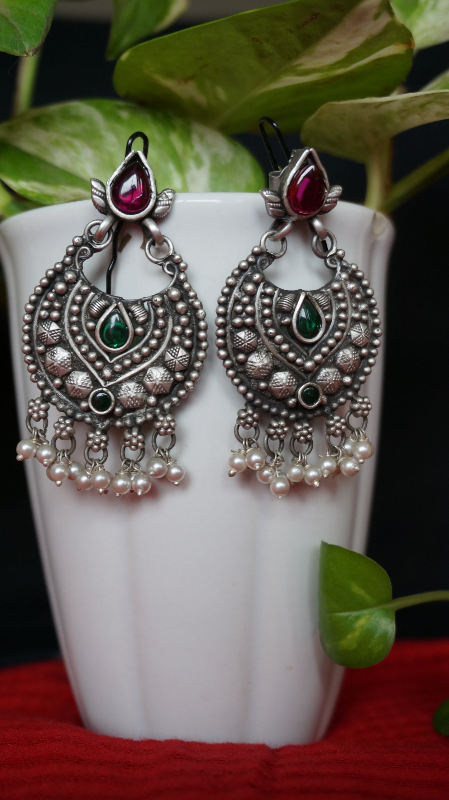 Mystic Crescent Green & Red stone Pearl Drops Earing