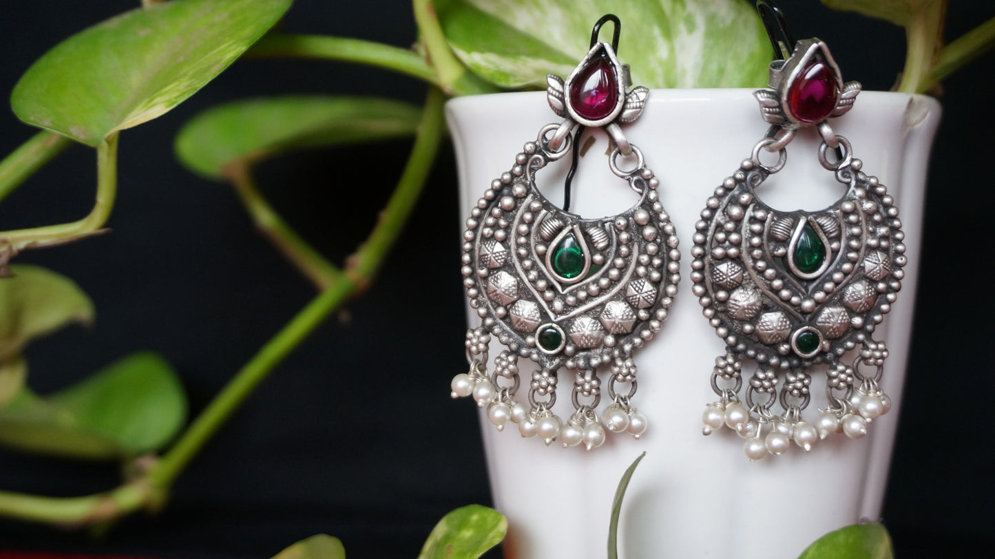 Mystic Crescent Green & Red stone Pearl Drops Earing