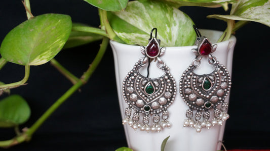 Mystic Crescent Green & Red stone Pearl Drops Earing