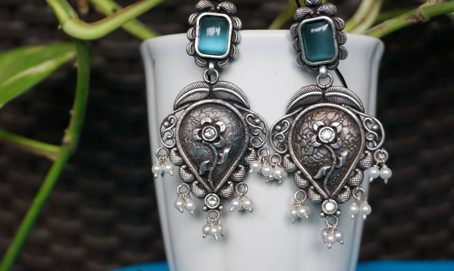 A Regal Essential – Blue Stone &amp; Pearl Oxidized Silver Drop Earrings