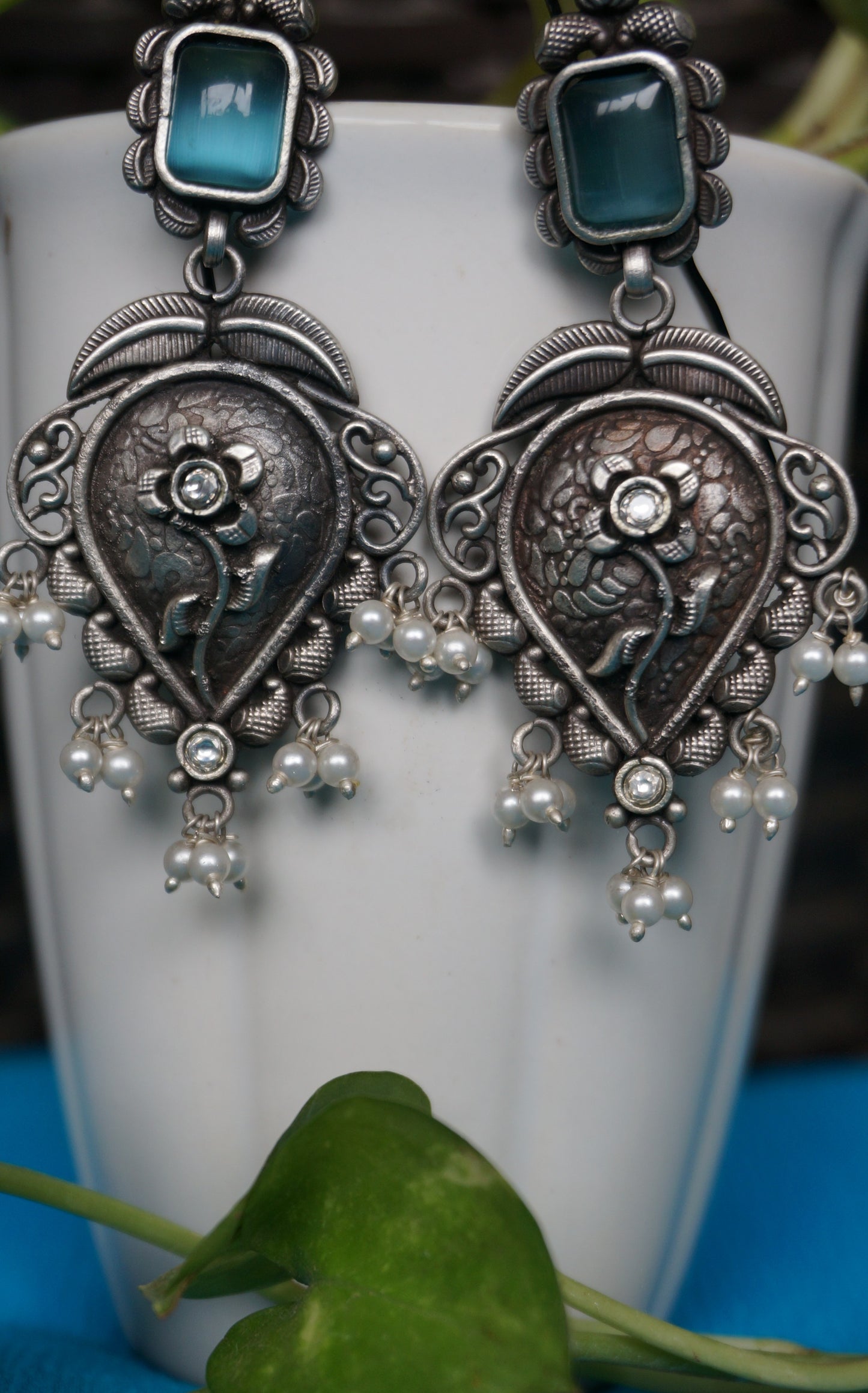 A Regal Essential – Blue Stone &amp; Pearl Oxidized Silver Drop Earrings
