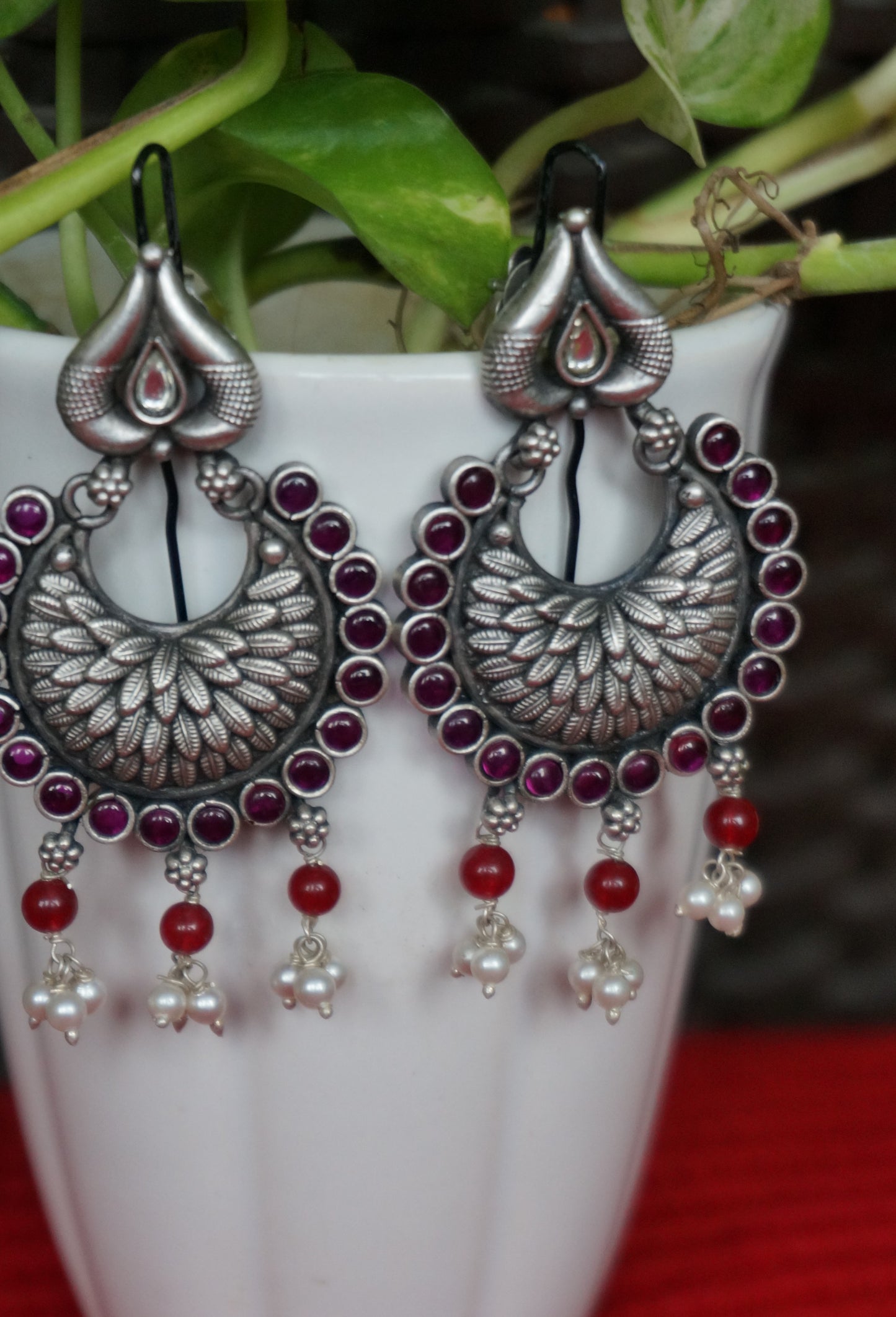 Chandbali Earrings With Red Stone