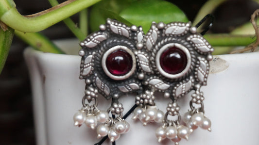 92.5 Oxidized Silver Stud Earrings with Red Stone & Pearls