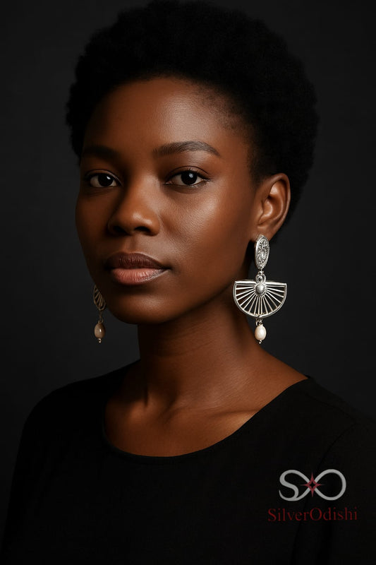 Oxidized Silver Fan Drop Earring 92.5